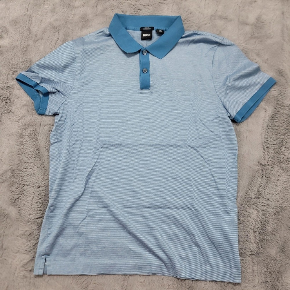 Hugo Boss Polo Shirt Mens M (Fits Small) Blue Stripe Slim Mercerised Cotton Knit